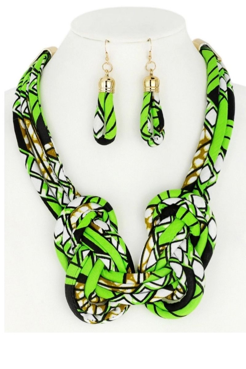 Green Ankara Fabric Rope Necklace with Earrings