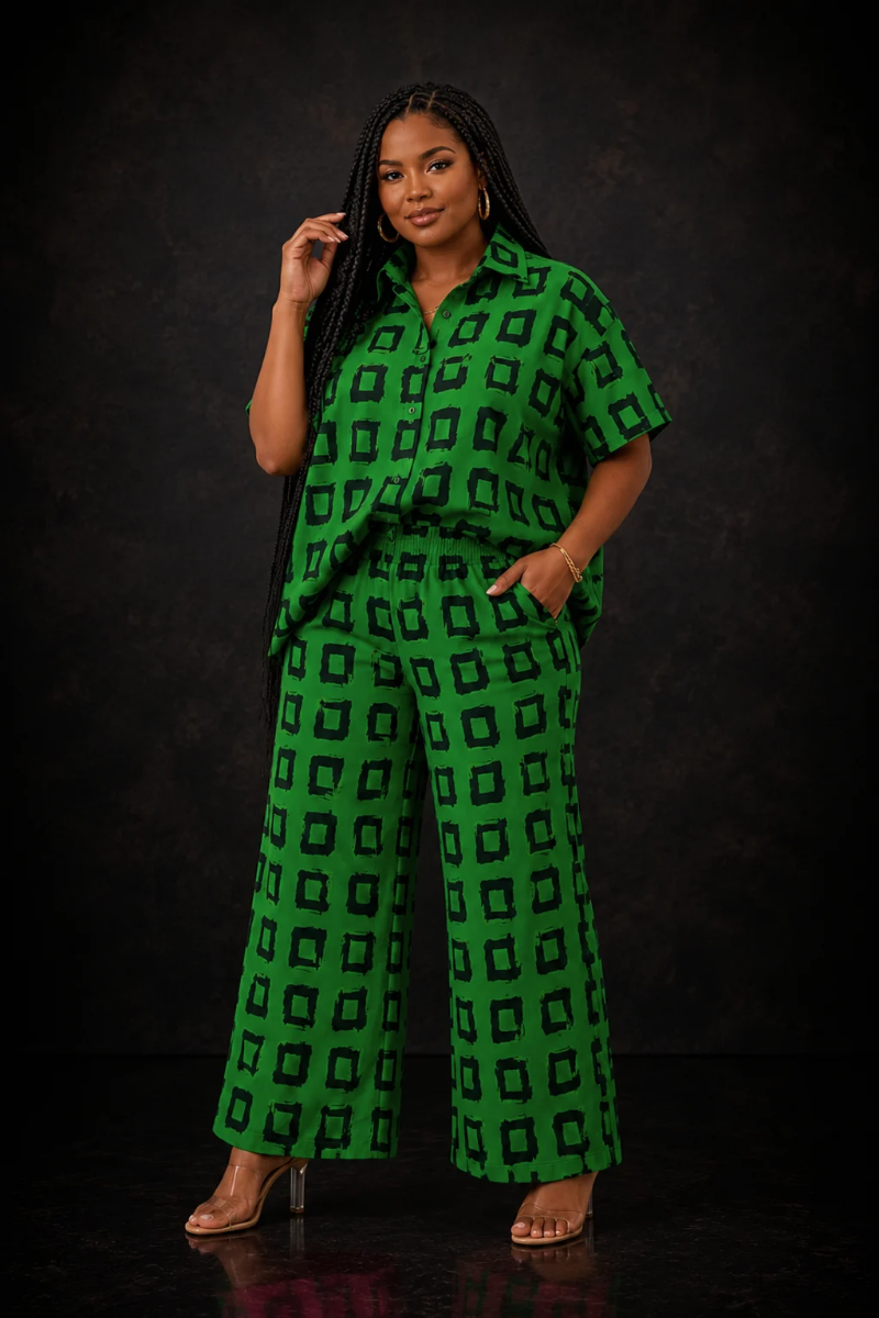 Green African Print Two-Piece Pant Set
