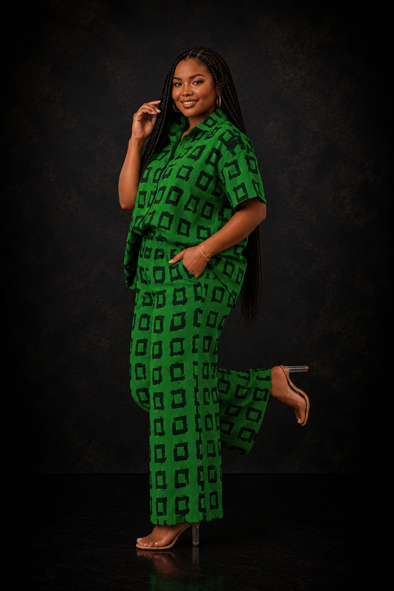 Green African Print Two-Piece Pant Set