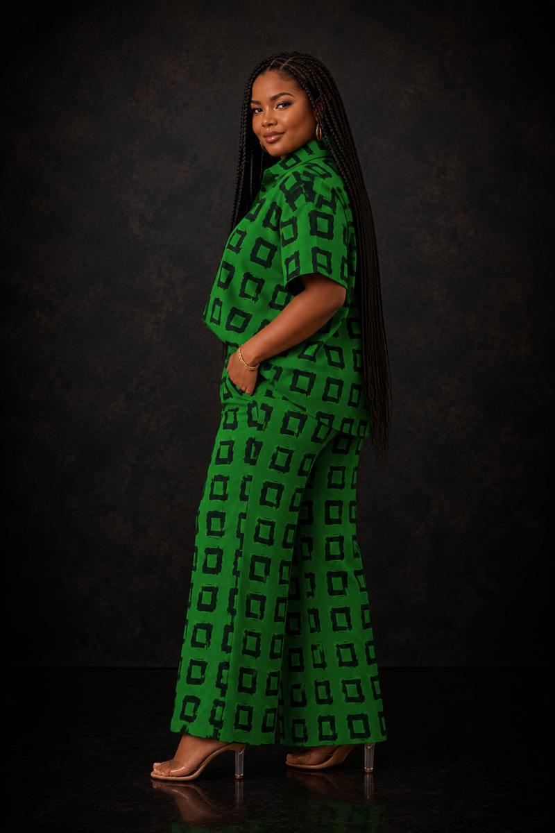 Green African Print Two-Piece Pant Set