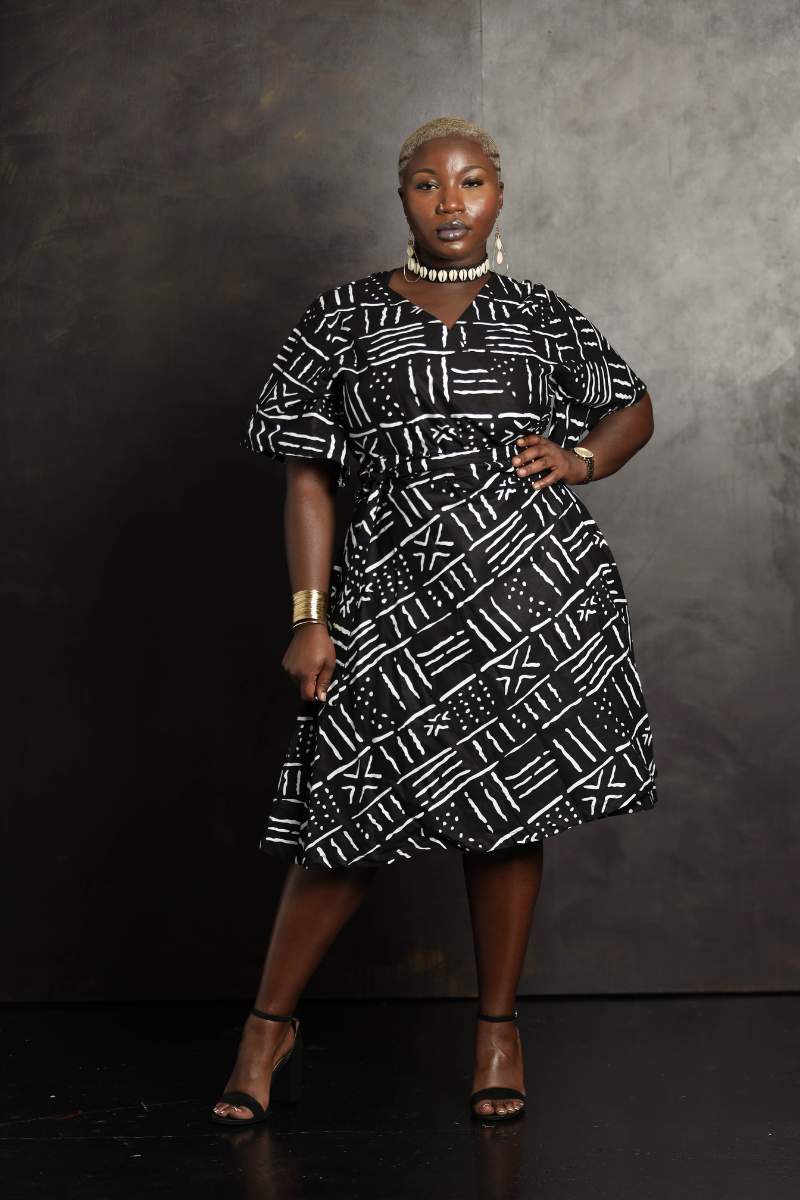 African Print Wrap Dress Black & White Karima
