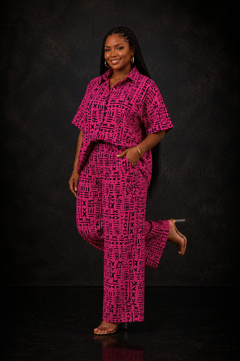 Pink African Print Two-Piece Pant Set